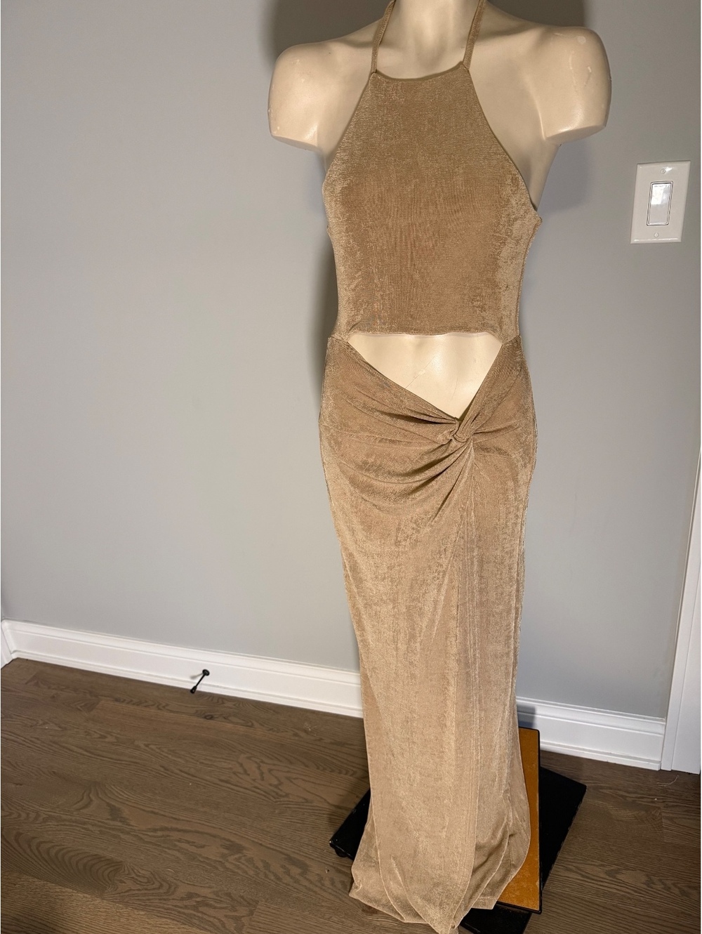 Petal + Pup Tan Velvet Halter Maxi Dress with Twist Detail
